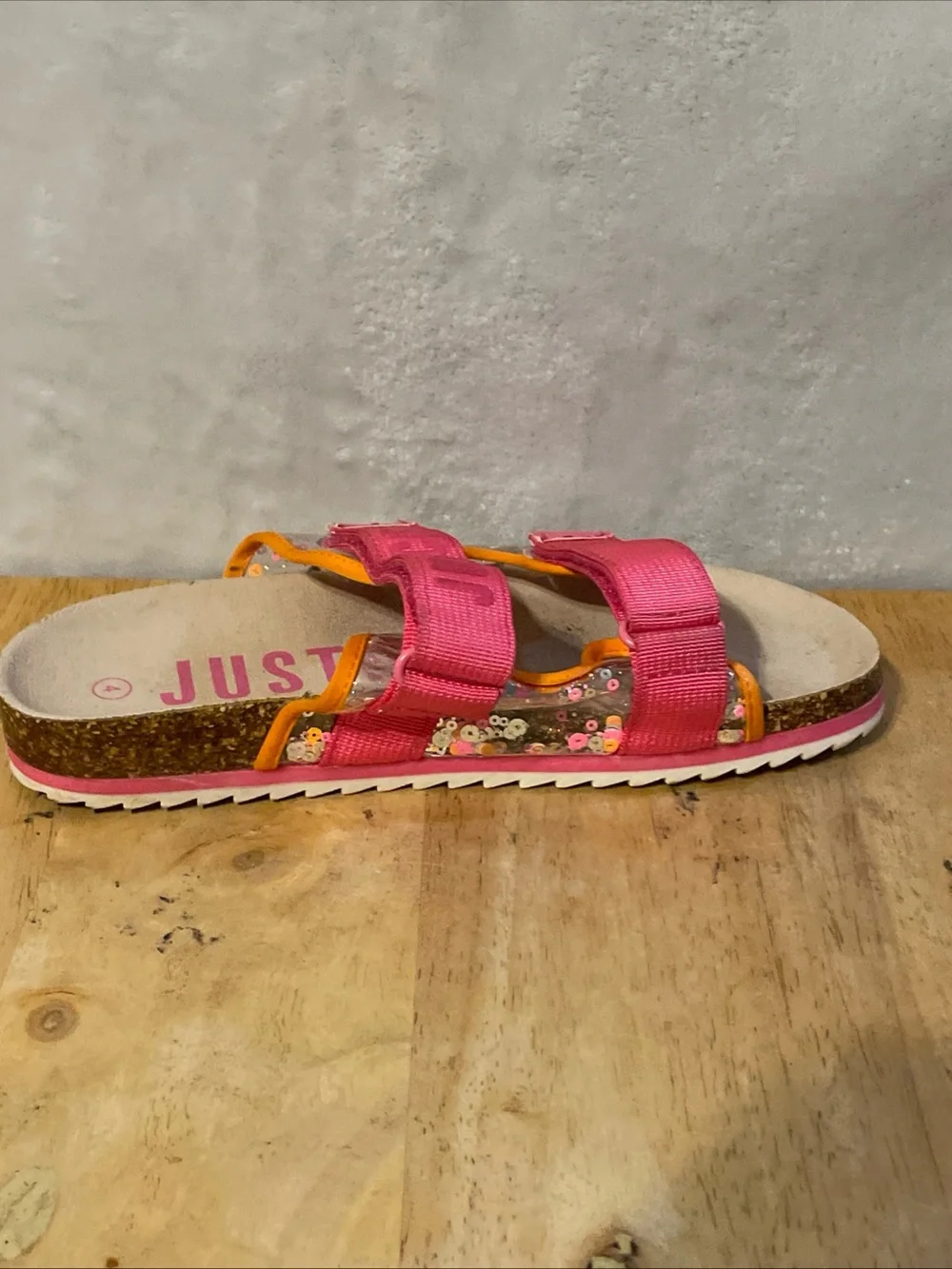 Justice Pink Sequin Strap Sandals with Orange Trim